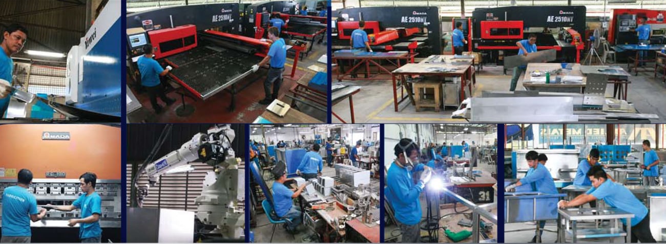 Allied Metals production floor photos showing sheet metal cutting, bending, welding, and stainless steel fabrication work
